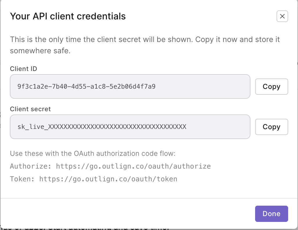 API client credentials shown once after creation